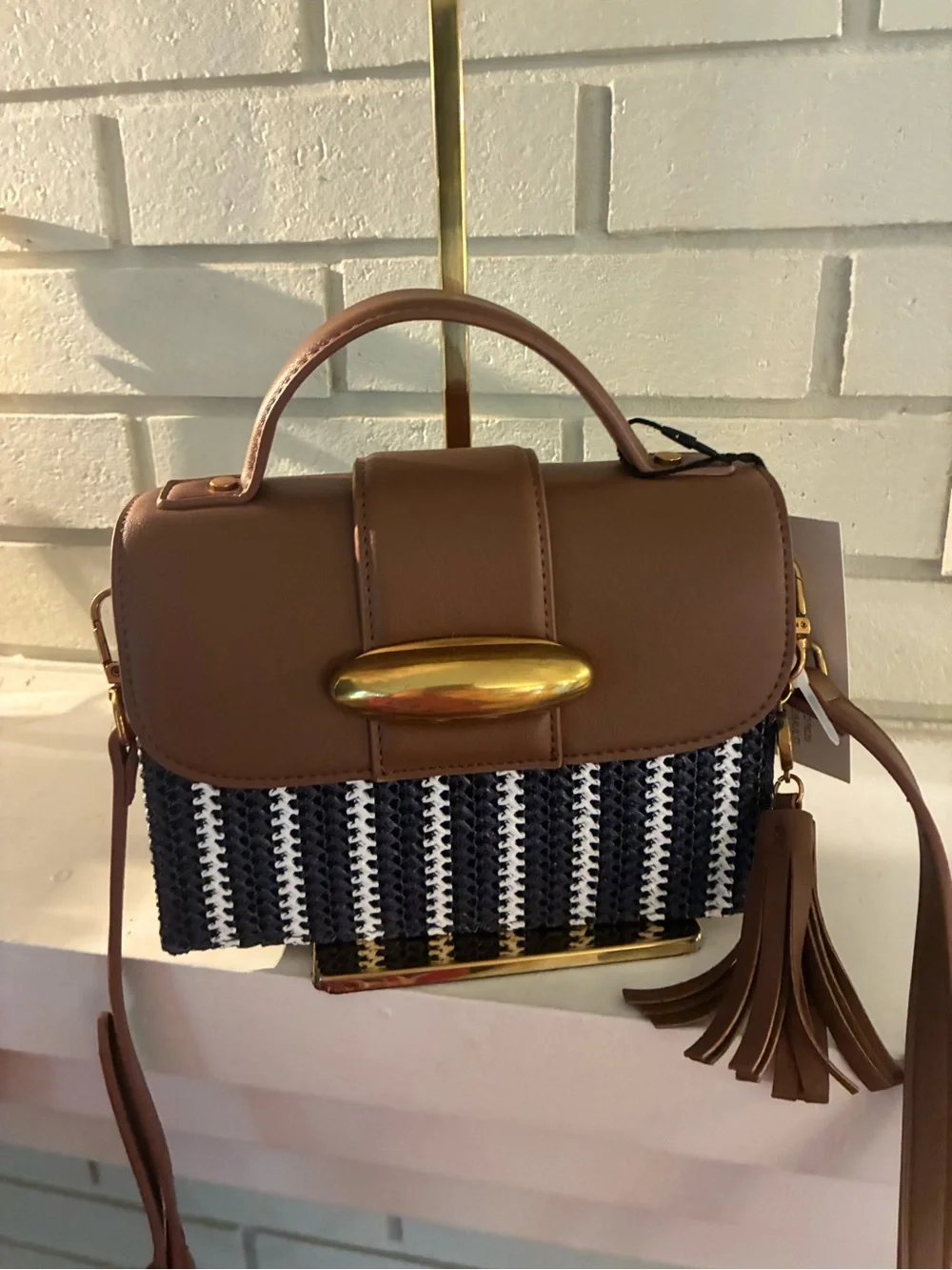 Steve Madden Brown and Navy Woven Style Top-Handle Satchel Crossbody with Tassel - Picture 5 of 16